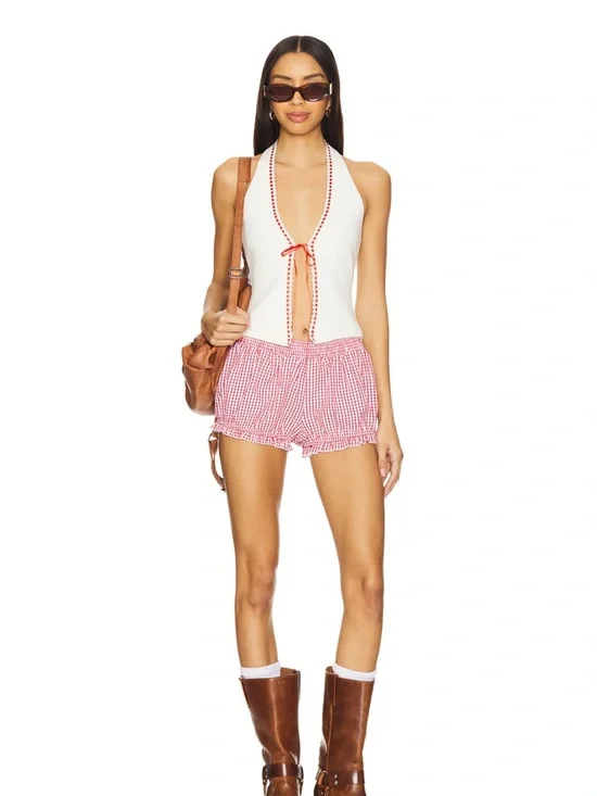 Red Gingham Elastic Waist Women’s Shorts - Picture 5 of 6